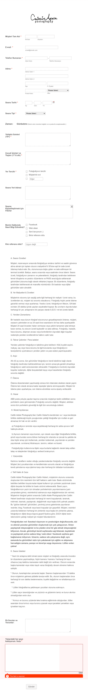 Fotoğraf Müşteri Anlaşması Form Şablonu