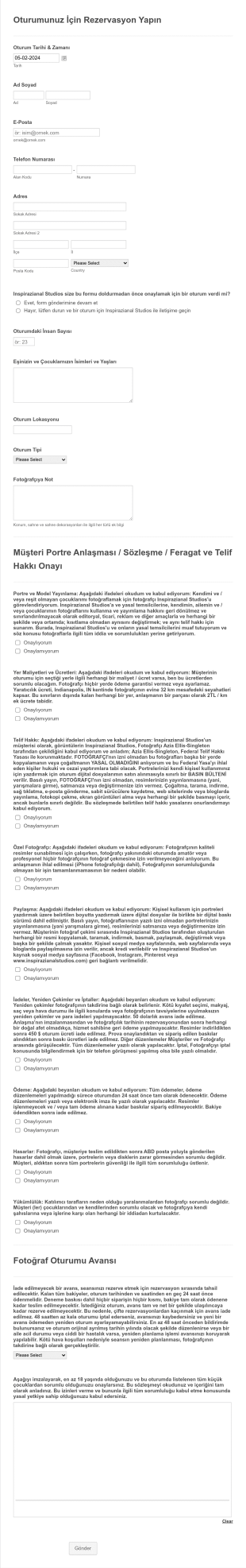 Fotoğraf Çekimi Rezervasyon Form Template