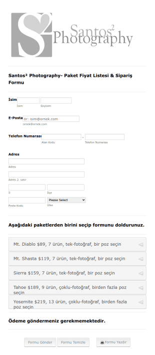 Fotograf Sipariş Form Şablonu
