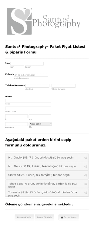 Fotograf Sipariş Form Şablonu