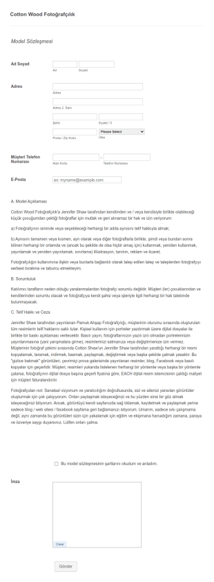 Fotoğrafçı Model Sözleşmesi Form Şablonu