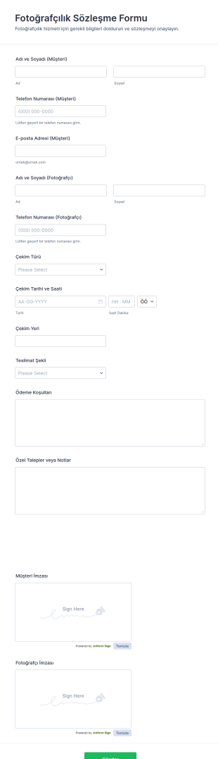 Fotoğrafçılık Sözleşmesi Formu 📸 Form Şablonu