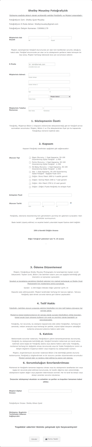 Fotoğrafçılık Sözleşmesi Örneği Form Template