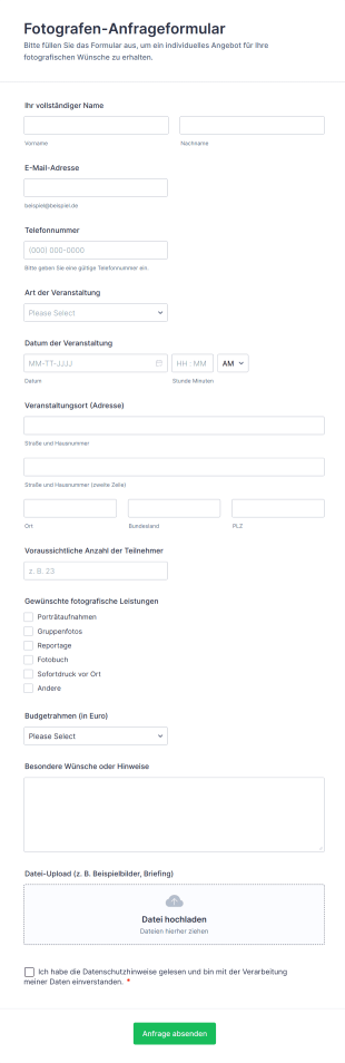 Fotografen Anfrageformular