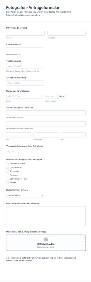 Fotografen Anfrageformular