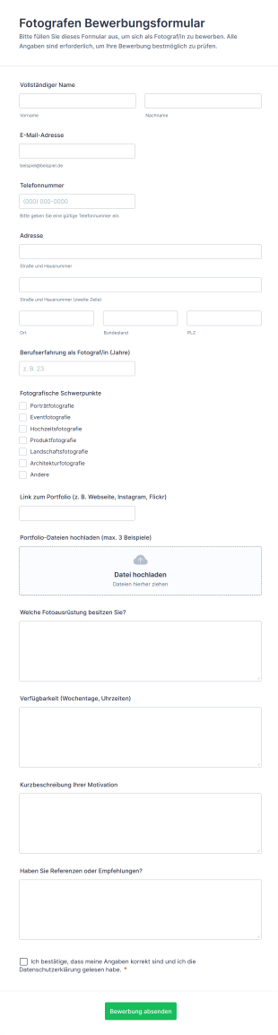 Fotografen Bewerbungsformular