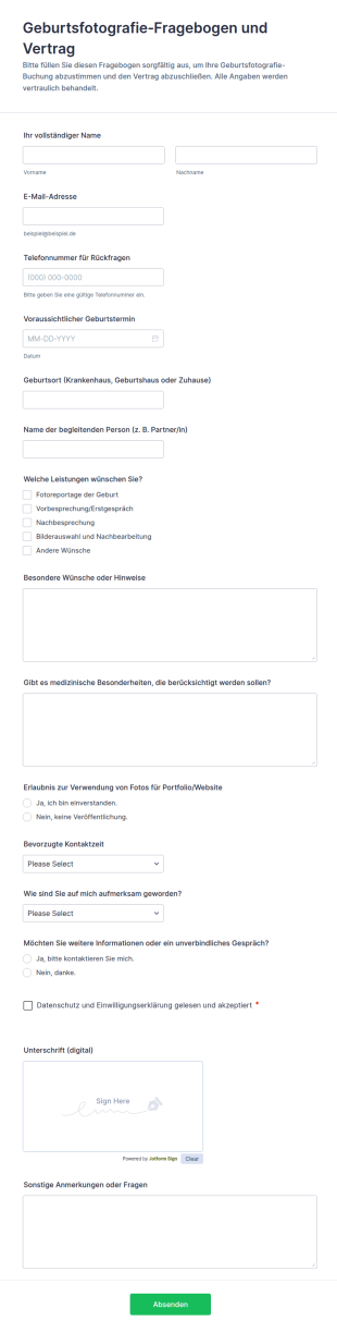 Fotografie Anfrage Für Die Geburt