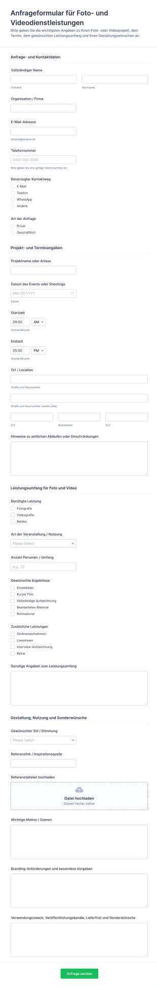 Anfrageformular Für Foto Und Videodienstleistungen