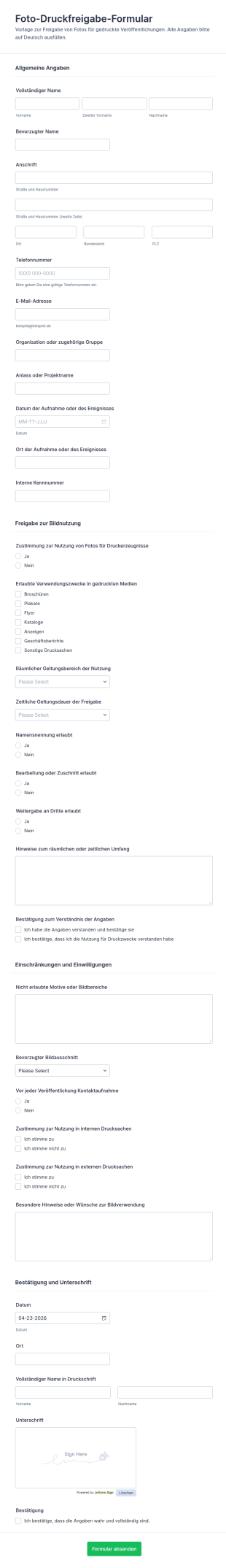 Fotografien Freigabeformular