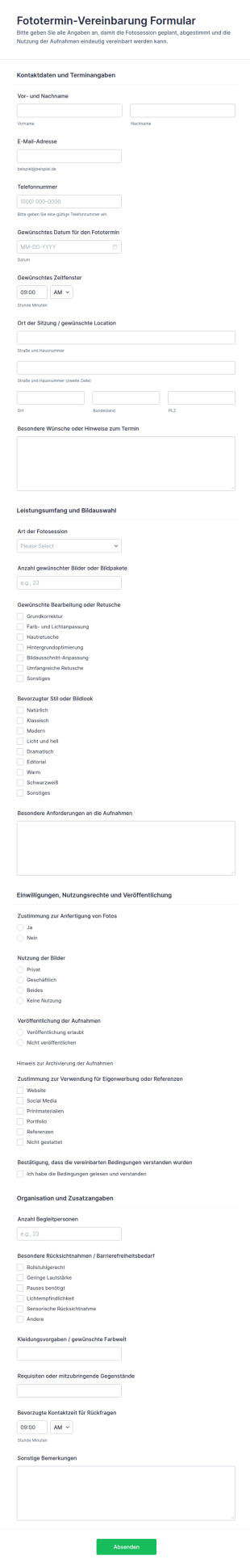 Fotografiesitzungsvereinbarung Formular