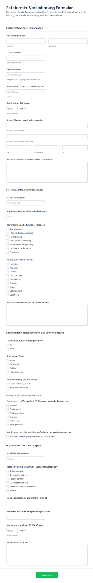 Fotografiesitzungsvereinbarung Formular