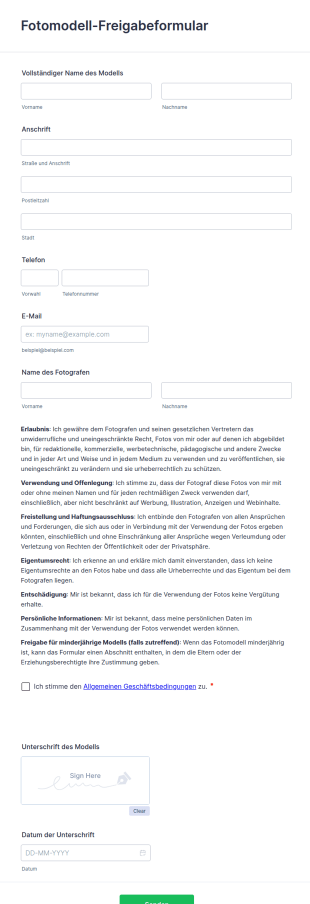 Fotomodell Freigabeformular