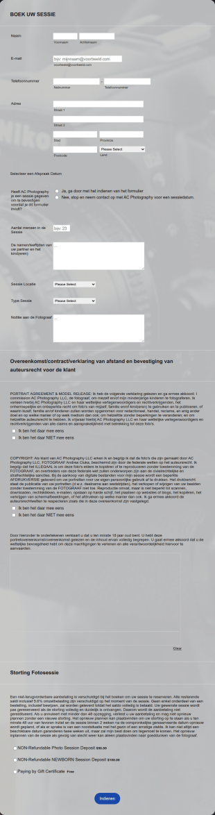 Fotosessies Boekingsformulier