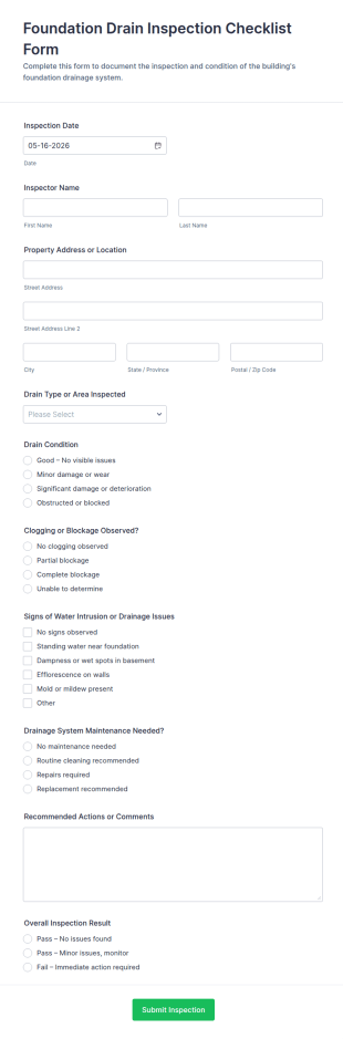 Foundation Drain Inspection Checklist Form Template