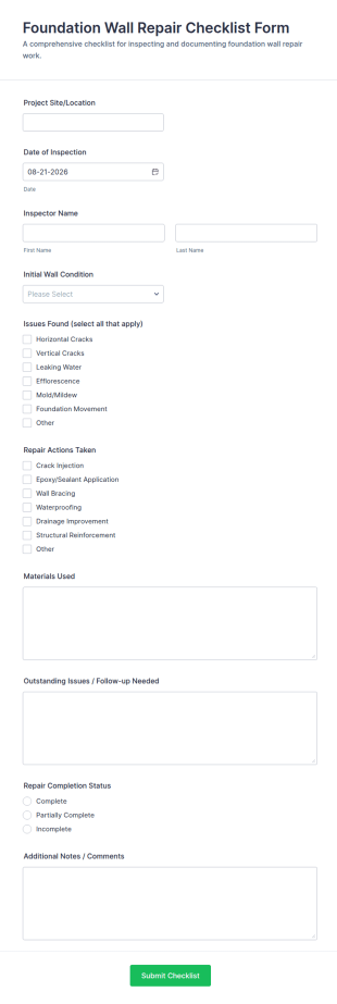 Foundation Wall Repair Checklist Form Template