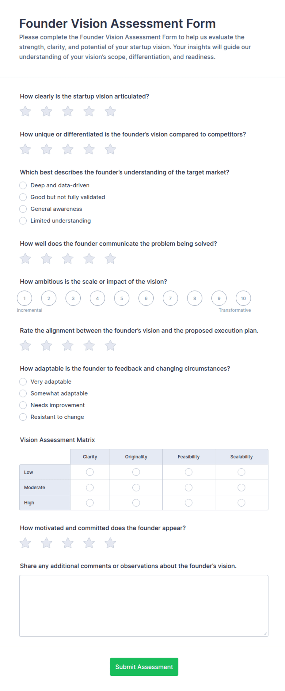 Founder Vision Assessment Form Template | Jotform