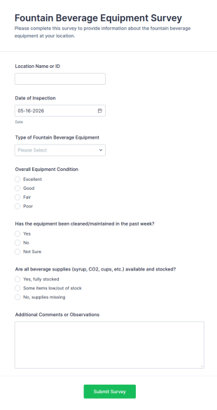 Fountain Beverage Equipment Survey Form Template