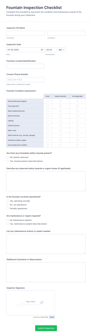Fountain Inspection Checklist Form Template