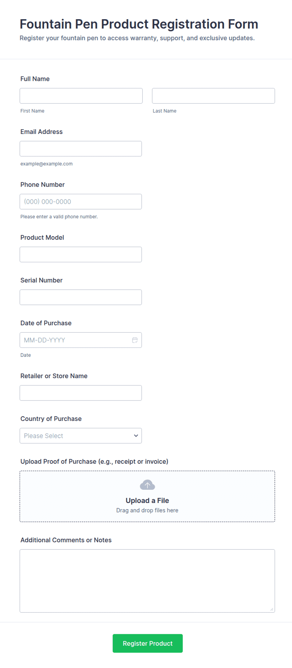 Fountain Pen Product Registration Form Template | Jotform