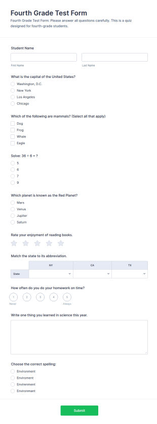 Fourth Grade Test Form Template