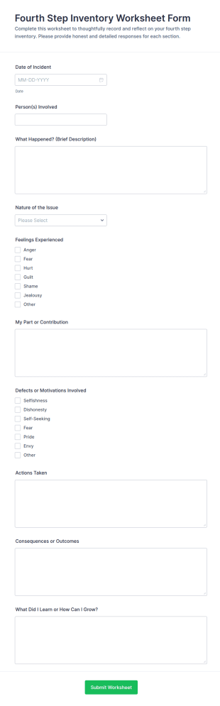 Fourth Step Inventory Worksheet Form Template