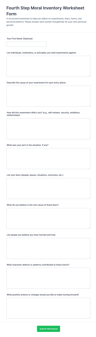 Fourth Step Moral Inventory Worksheet Form Template