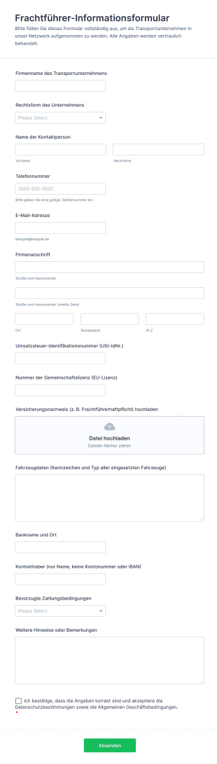 Frachtführer Informationsformular