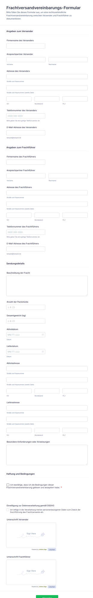 Frachtversandvereinbarungs Formular