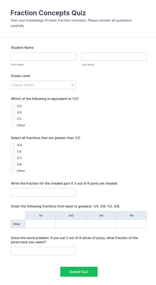 Fraction Concepts Quiz Form Template