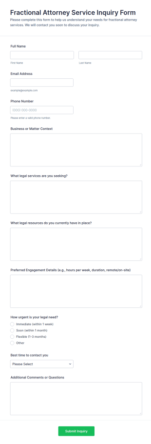 Fractional Attorney Service Inquiry Form Template