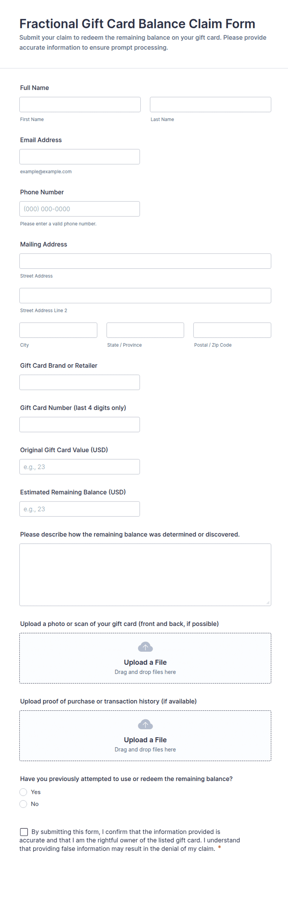 Fractional Gift Card Balance Claim Form Template | Jotform