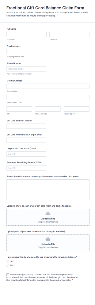 Fractional Gift Card Balance Claim Form Template