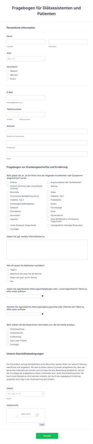 Fragebogen Für Diätassistenten Und Patienten Form Template