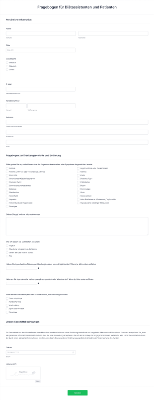 Fragebogen Für Diätassistenten Und Patienten Form Template