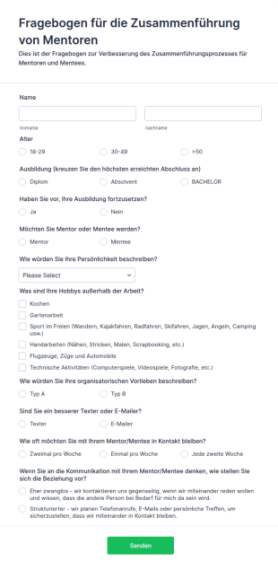 Fragebogen Für Die Zusammenführung Von Mentoren