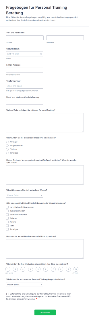 Fragebogen Für Personal Training Beratung