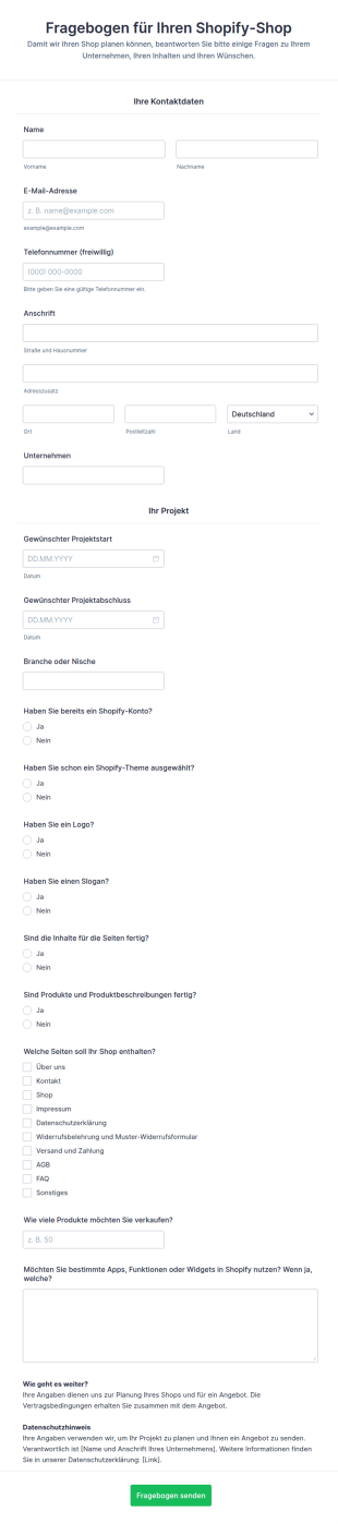 Fragebogen Für Shopify Shop Projekte