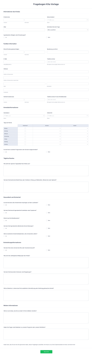 Fragebogen Kita Vorlage Form Template