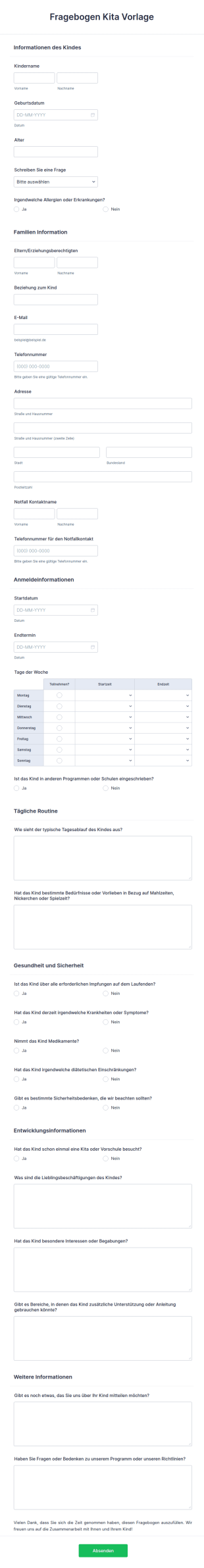 Fragebogen Kita Vorlage