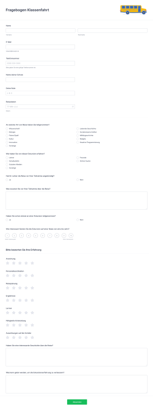 Fragebogen Klassenfahrt Form Template