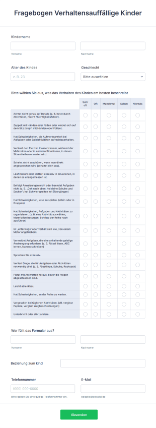 Fragebogen Verhaltensauffällige Kinder Formularvorlage | Jotform