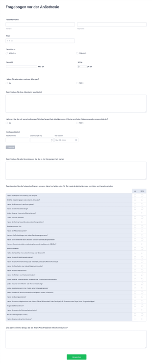 Fragebogen Vor Der Anästhesie Form Template
