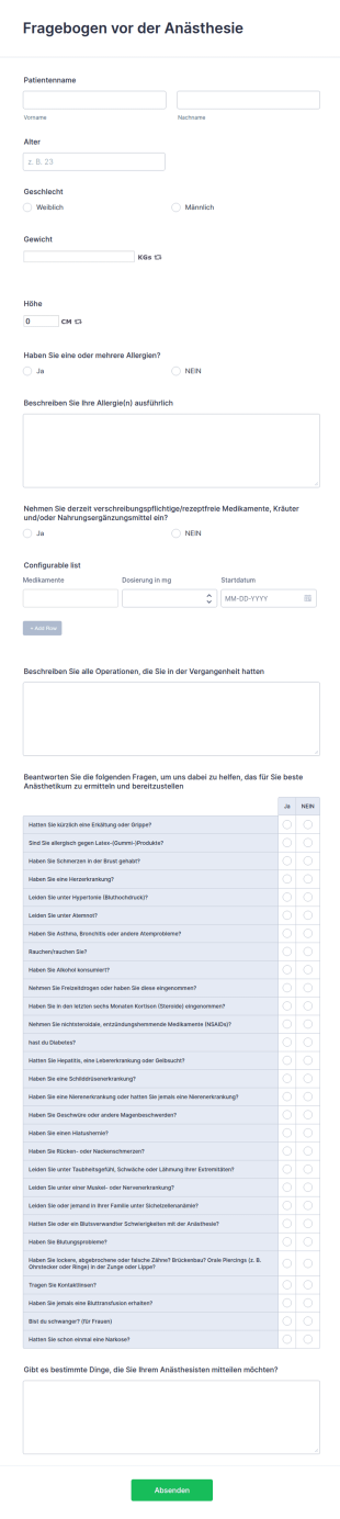 Fragebogen Vor Der Anästhesie