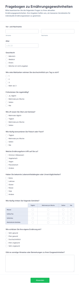 Fragebogen Zu Ernährungsgewohnheiten