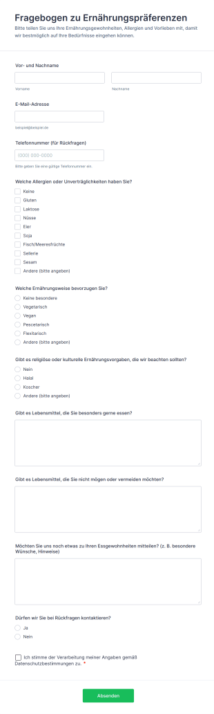 Fragebogen Zu Ernährungspräferenzen