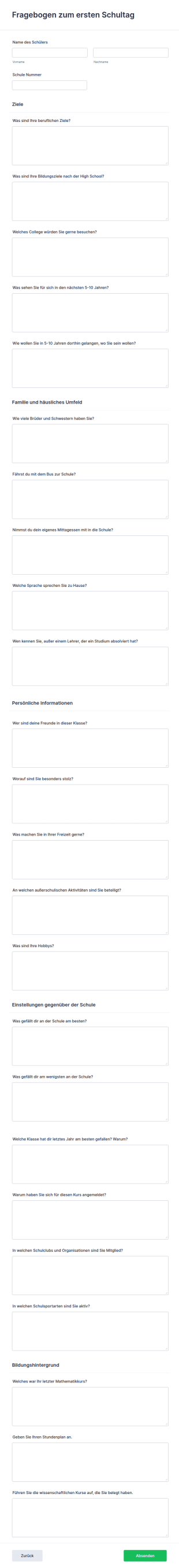 Fragebogen Zum Ersten Schultag