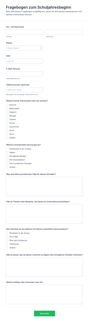 Fragebogen Zum Schuljahresbeginn