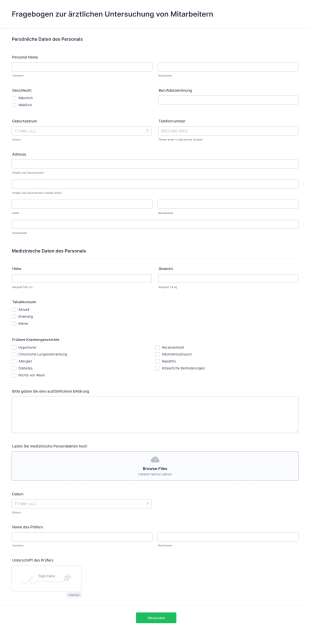 Fragebogen Zur ärztlichen Untersuchung Von Mitarbeitern Form Template
