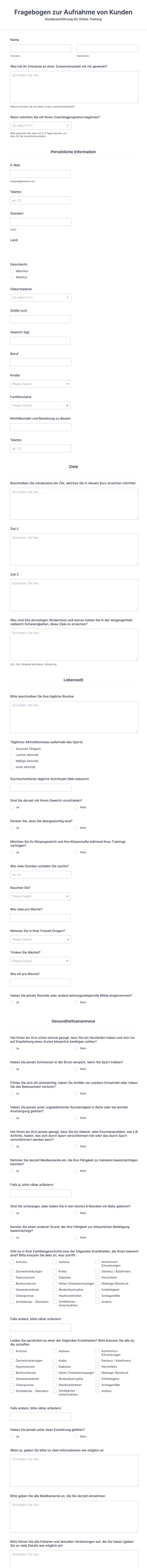 Fragebogen Zur Aufnahme Von Kunden