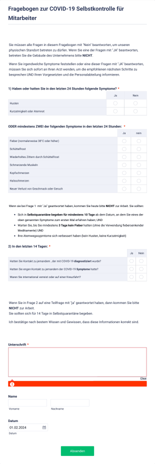 Fragebogen Zur COVID 19 Selbstkontrolle Für Mitarbeiter Form Template